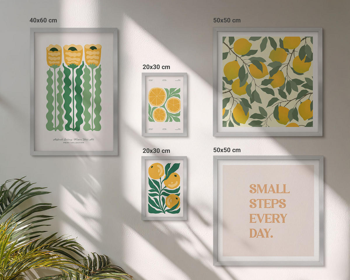 BILDER SET 5er Set - 50x50 cm & 20x30 cm & 40x60 cm Silberner Rahmen - Pflanzenmuster mit Blumen - Silberfarben, Kunststoff (40/60cm) - TULUP