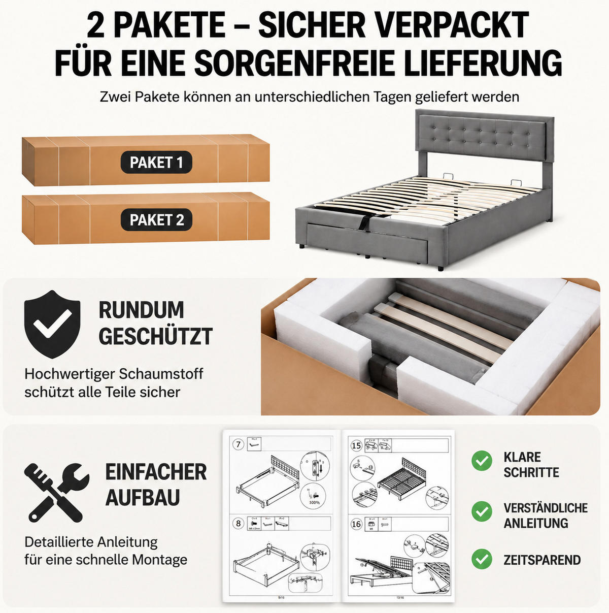 POLSTERBETT aus Samt 180x200 cm Grau mit höhenverstellbarem Kopfteil und Stauraum - Grau, Textil (180/200cm) - Modfu