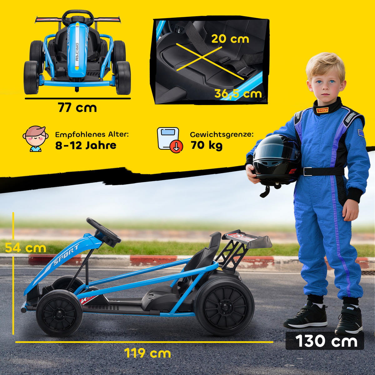 KINDER-ELEKTRO-GOKART 24 V 6-13km/h Musik und Hupe - Blau, Kunststoff (119/77/54cm) - AIYAPLAY