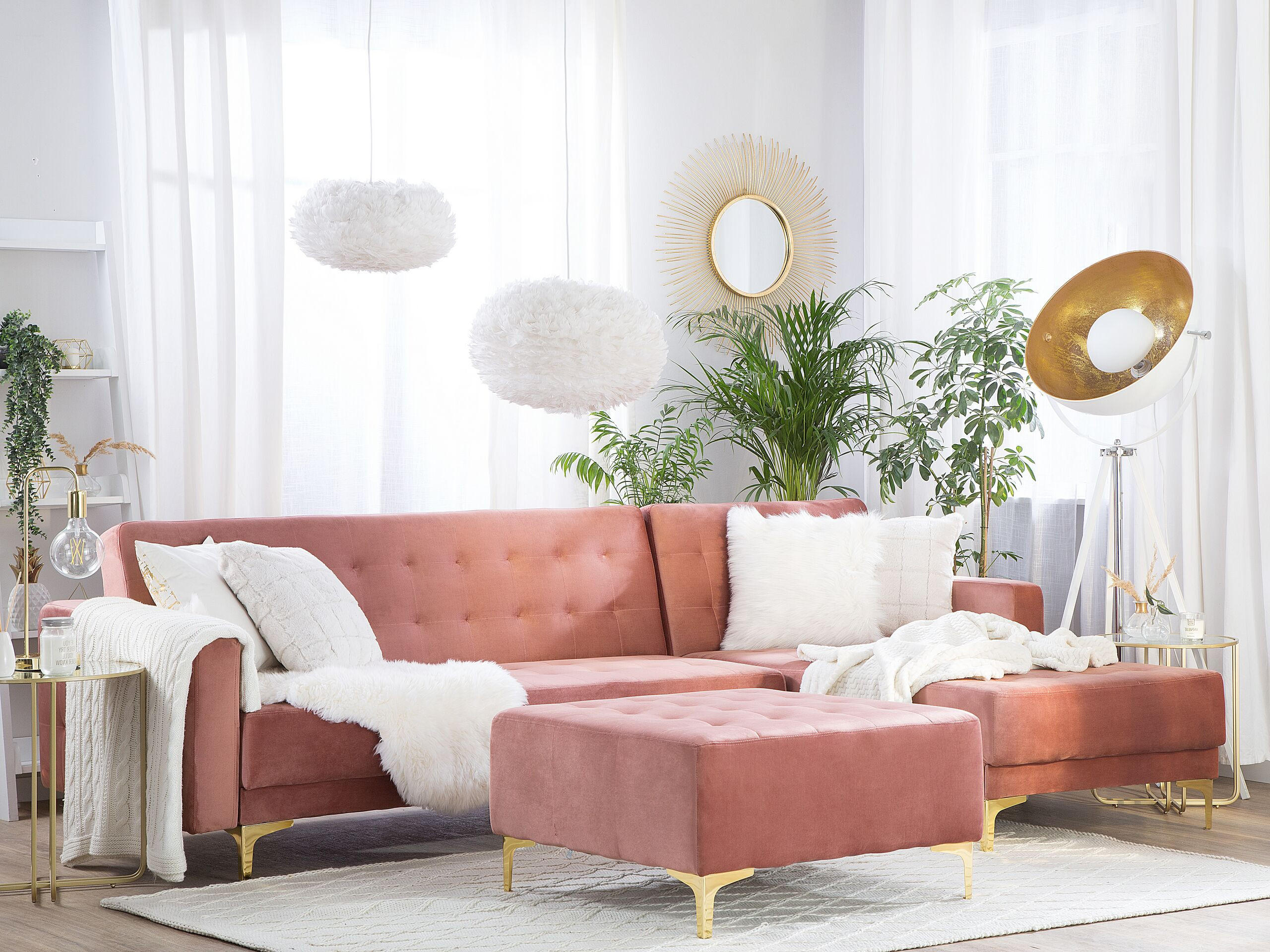 SCHLAFSOFA rechtsseitig mit Ottomane Samtstoff Rosa Aberdeen - Pink, Textil (267/168cm) - Beliani