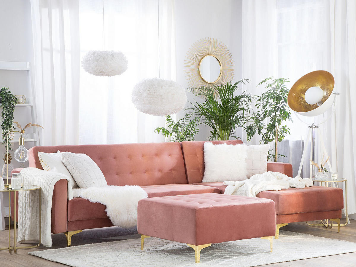 SCHLAFSOFA rechtsseitig mit Ottomane Samtstoff Rosa Aberdeen - Pink, Textil (267/168cm) - Beliani