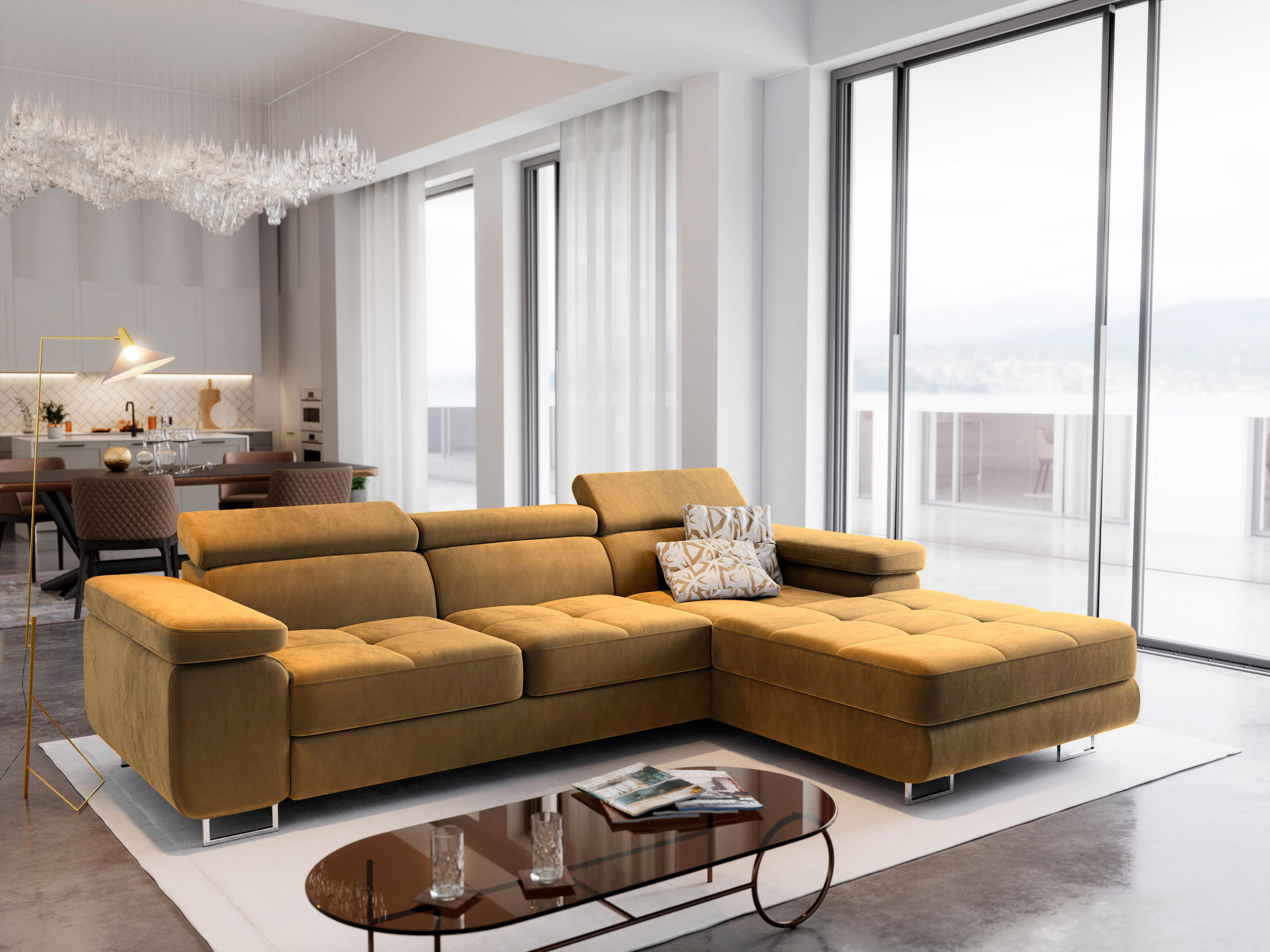 ECKSOFA ELMA R-S Gelb Velours-Stoff mit Schlaffunktion - Gelb, Holz (280/205cm) - MASSENO