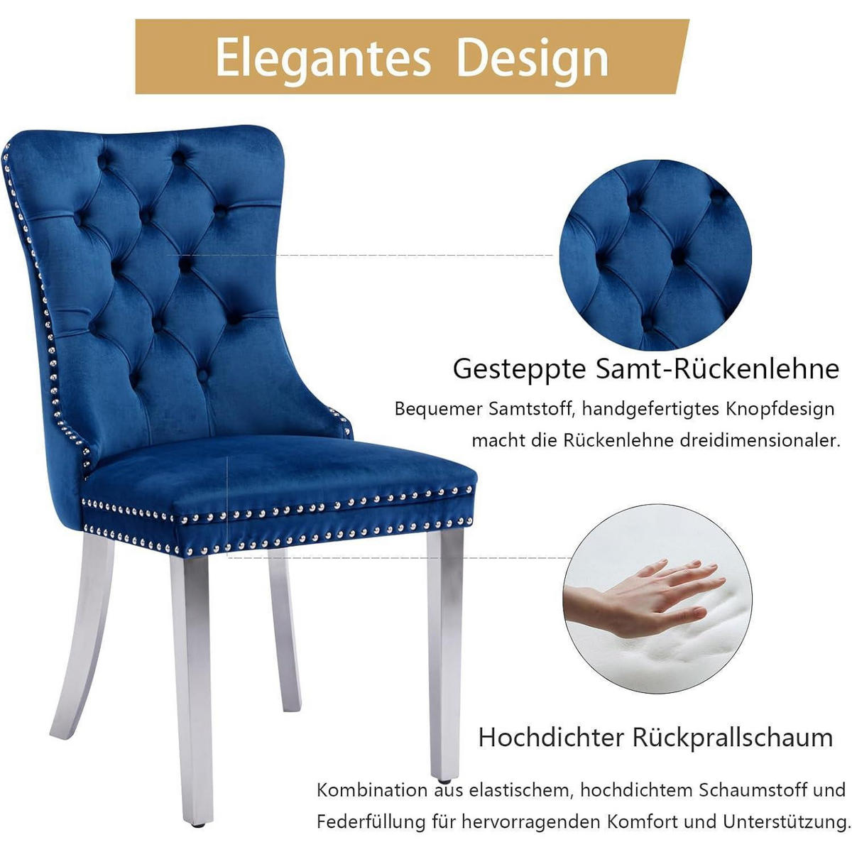 ESSZIMMERSTUHL 8er Set Samt Blau mit Edelstahlbeinen - Blau, Textil (50/95.2/62cm)