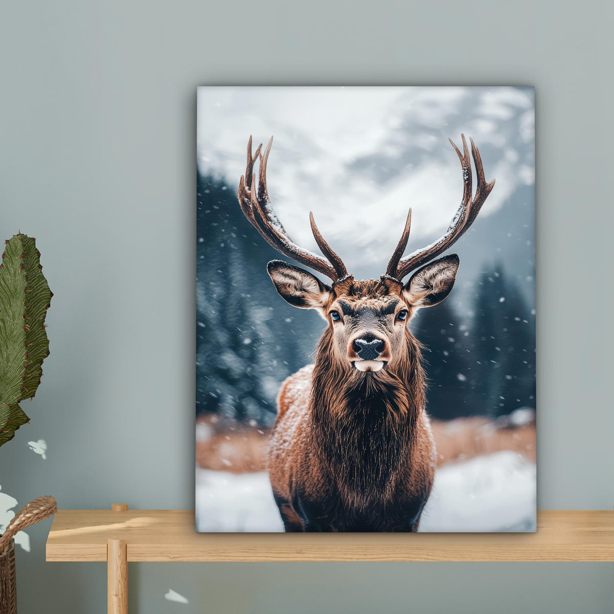 LEINWANDBILD Hirsche - Tiere - Landschaft - Winter - Schnee 30x40 cm - Kastanienfarben, Textil (30/40cm) - MuchoWow