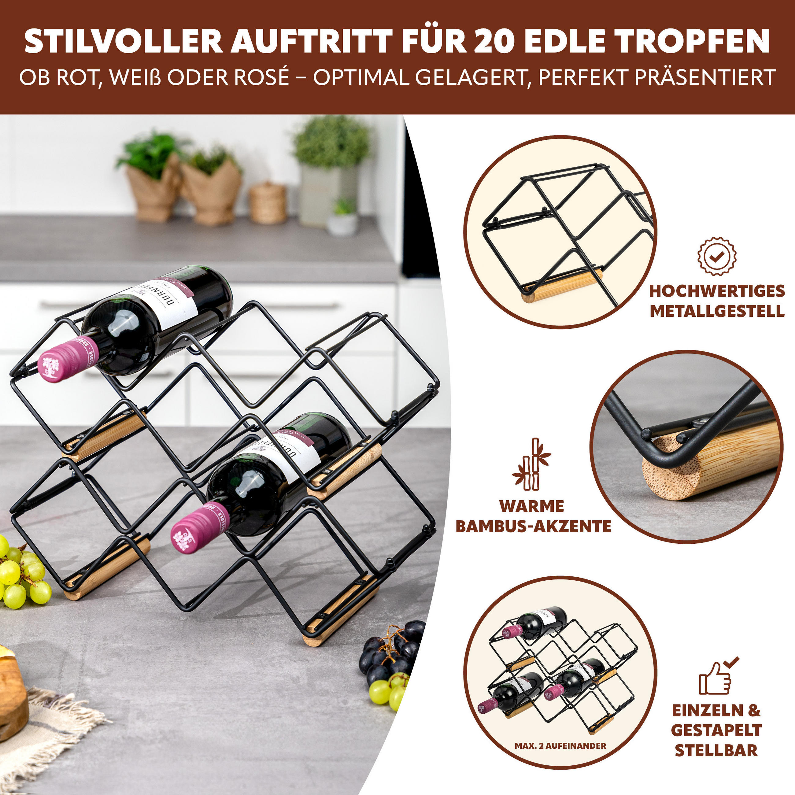 Thumbnail - eluno Weinregal, Schwarz, Metall, 39x14.5x15 cm, Wohnzimmer, Regale, Weinregale
