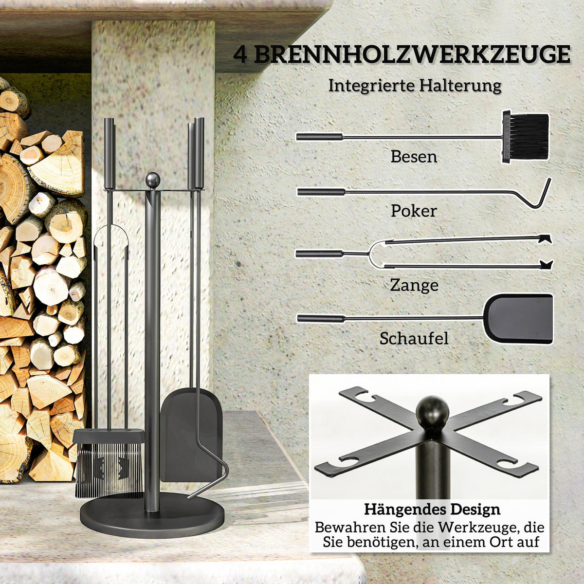 KAMINBESTECK - Schwarz, Metall (25/54/25cm) - Outsunny