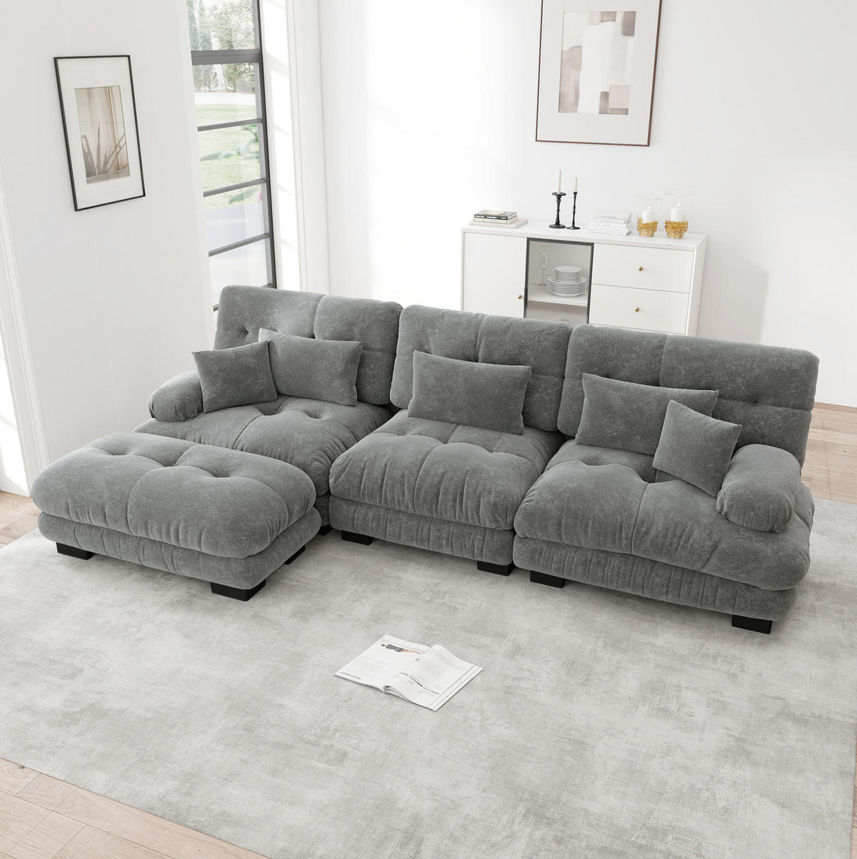 ECKSOFA modular mit beweglichen Ottomane, Cloud-Komfort und tiefem Sitz, Grau - Grau, Textil (313/145cm) - Redom