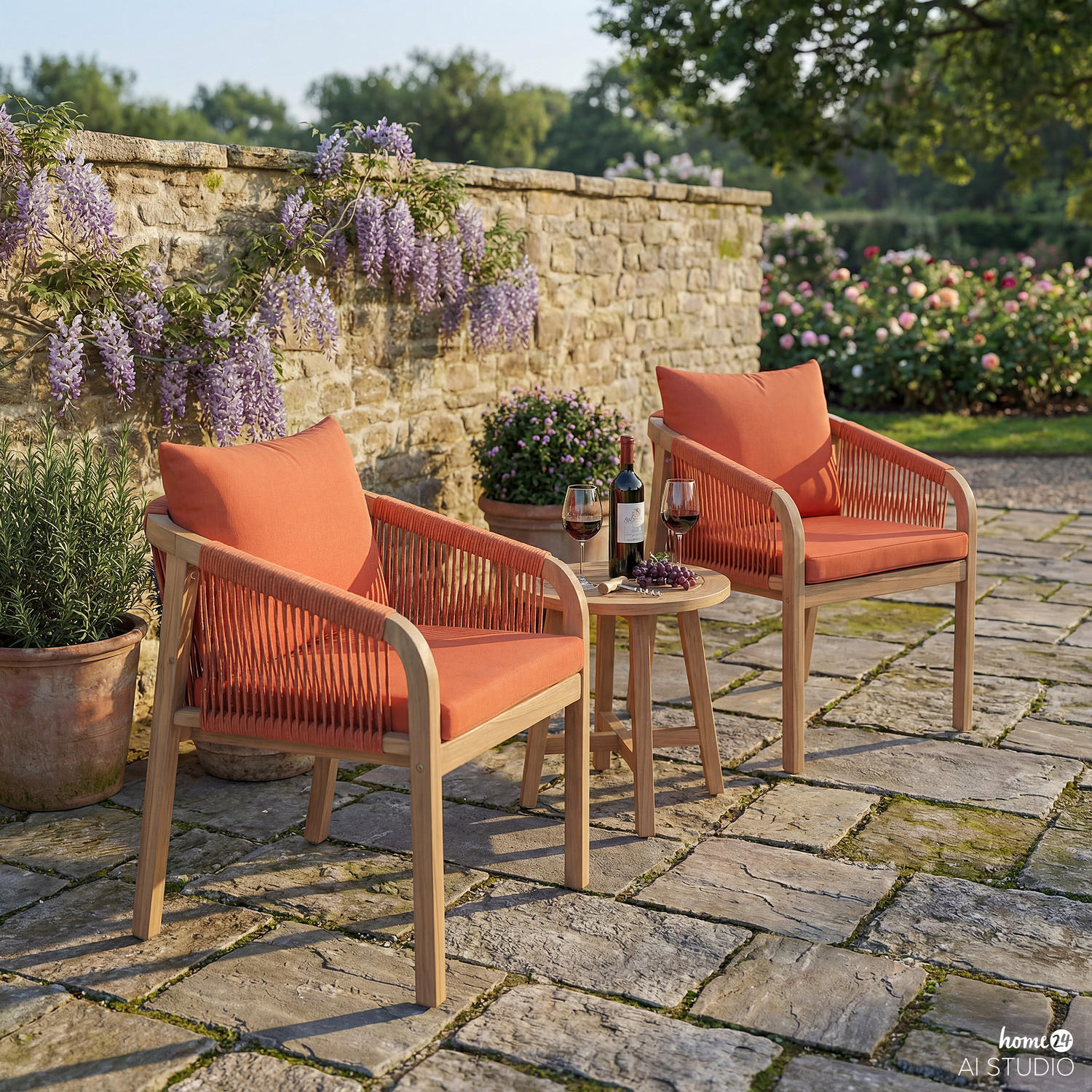 GARTENSTUHL - 2er-Set - Akazie massiv / Webstoff - Terracotta, Holz/Textil (58/77/62cm) - home24
