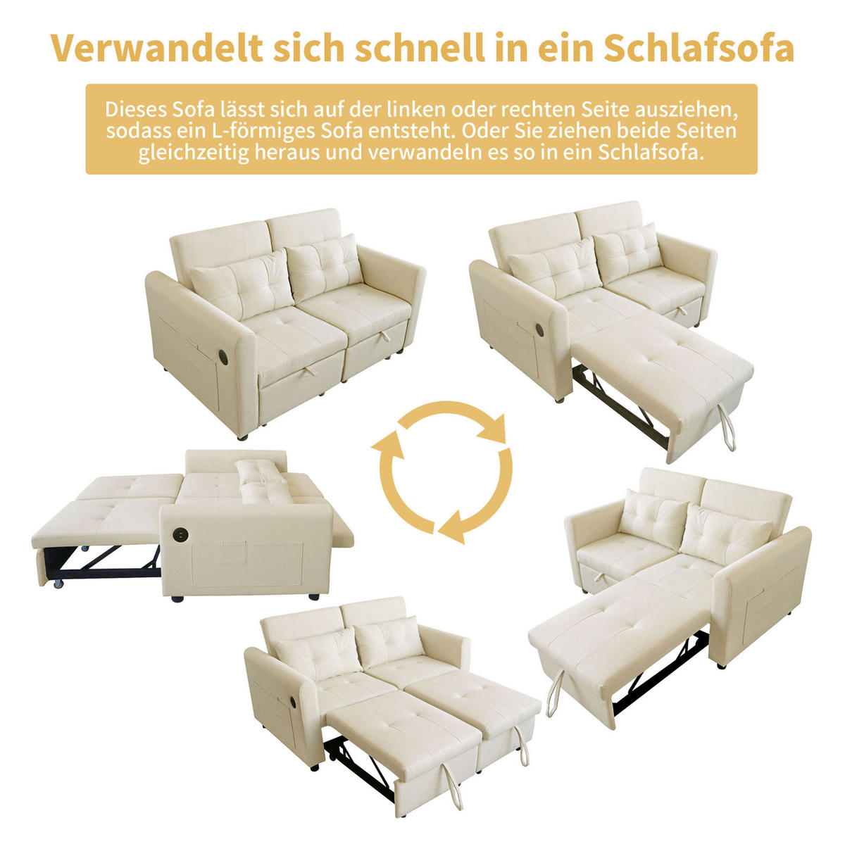 SCHLAFSOFA 142/85/83 cm in Beige – 3-in-1 mit USB - Beige, Textil (85/83/142cm) - BEAOK