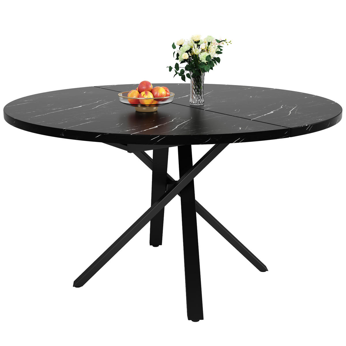 ESSTISCH 100-140x76 cm in Schwarz aus MDF mit Marmoroptik auf X-Gestell ausziehbar - Schwarz, Holzwerkstoff (100/140/75.5cm) - Modfu
