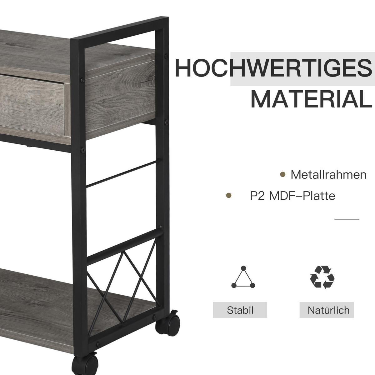 BEISTELLTISCH Servierwagen mit Schublade Ablage Küchenwagen Sideboard Grau - Grau, Kunststoff (60/30/65cm) - HOMCOM