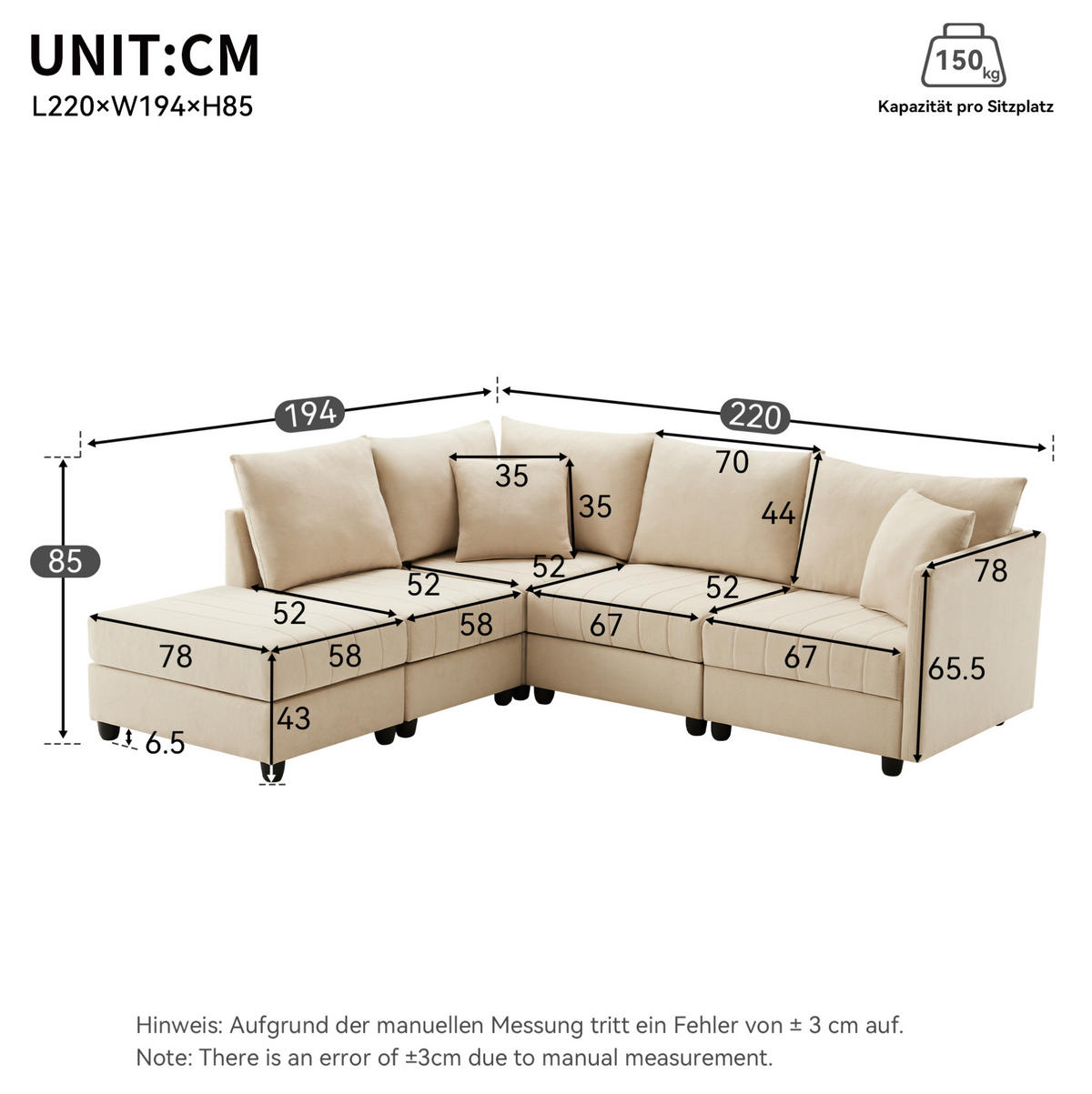 ECKSOFA 220/194/85 cm mit beweglichem Fußhocker, modularer U- und L-Form, aus Baumwoll-Leinenstoff, Beige - Beige, Textil (220/194cm) - Redom