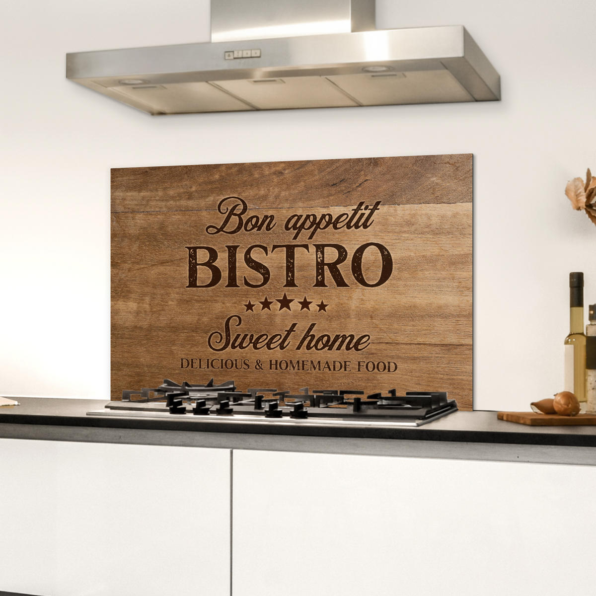 SPRITZSCHUTZ KÜCHE Zitat - Bistro - Guten Appetit - Süßes Zuhause - Holzmaserung 60x40 cm - Braun, Metall (60/0.3/40cm) - MuchoWow