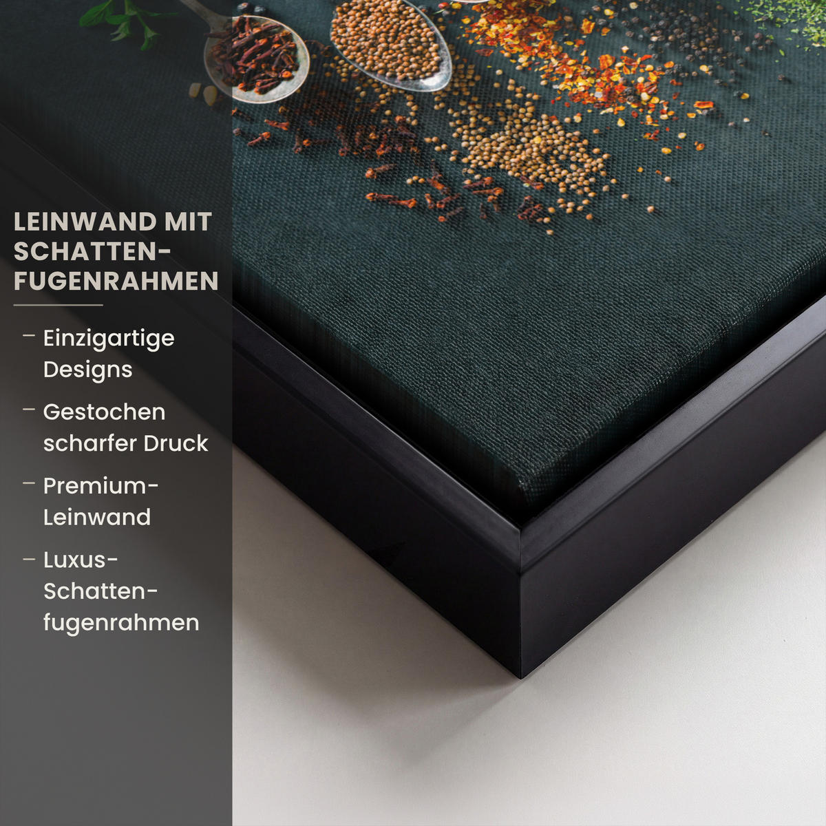 LEINWAND Bilder mit Rahmen - Kräuter - Gewürze - Löffel - 30x20 - Currygelb, Textil (30/20cm) - MuchoWow