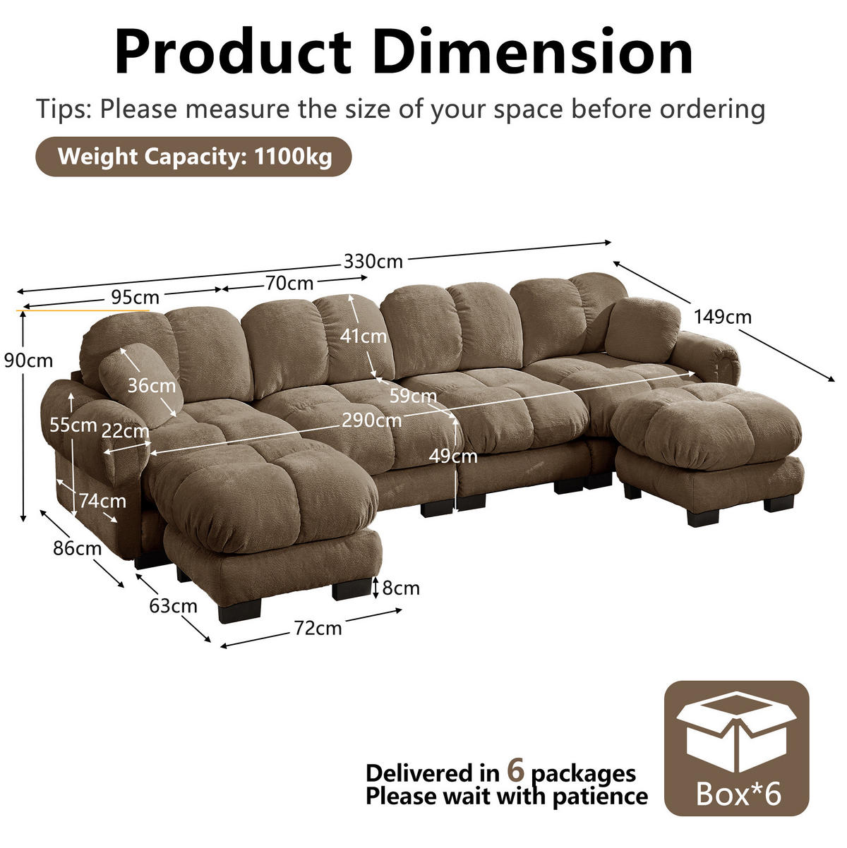SOFA U-Form mit Steckverbindungen 4-tlg. Chenille Braun - Braun, Holz (149/90/330.1cm) - Meubliv