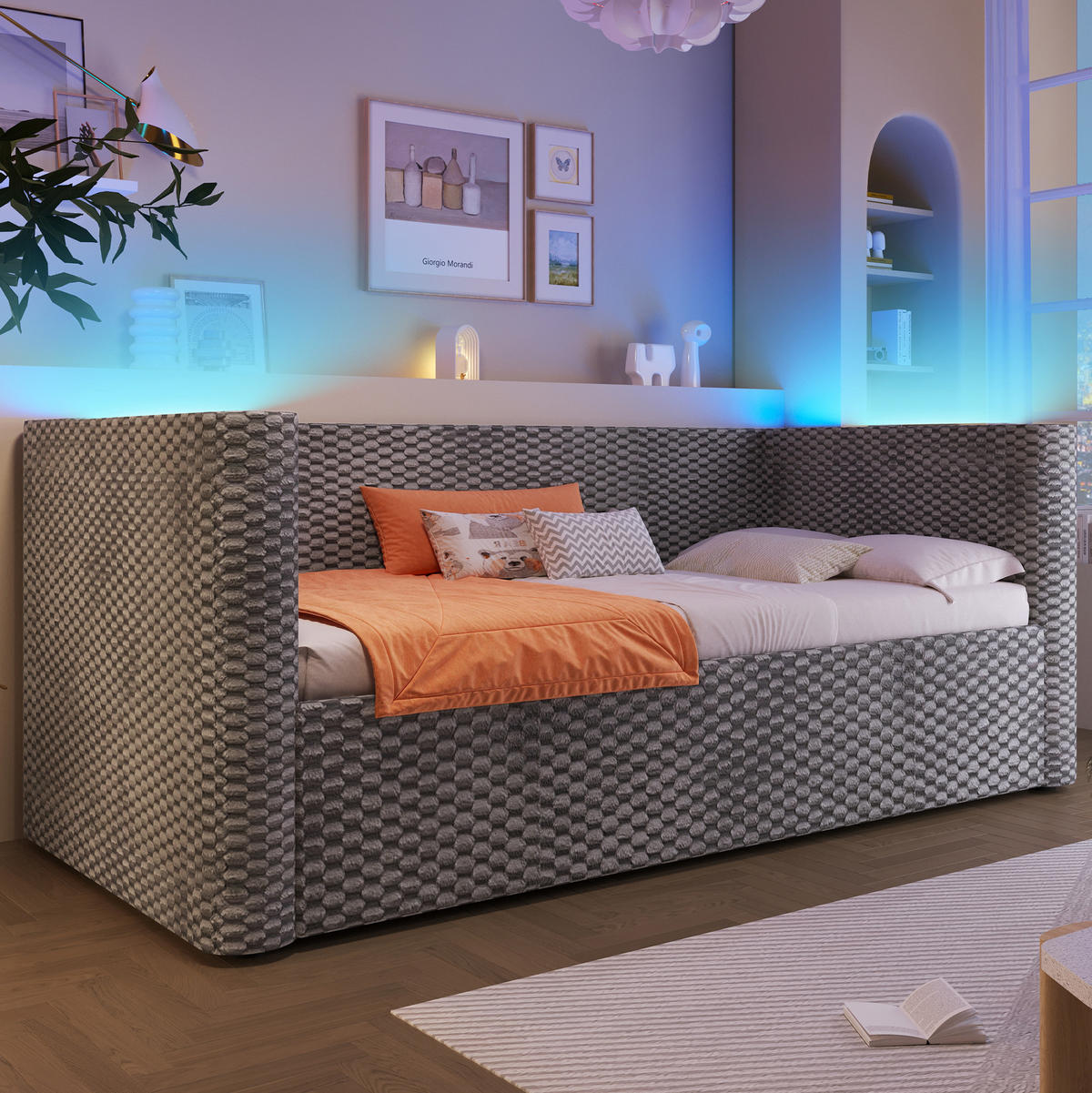 ČALOUNĚNÁ postel 90/200 cm ze sametu s LED osvětlením a hydraulickým úložným prostorem, Šedá - šedá, textil (90/200cm) - Redom