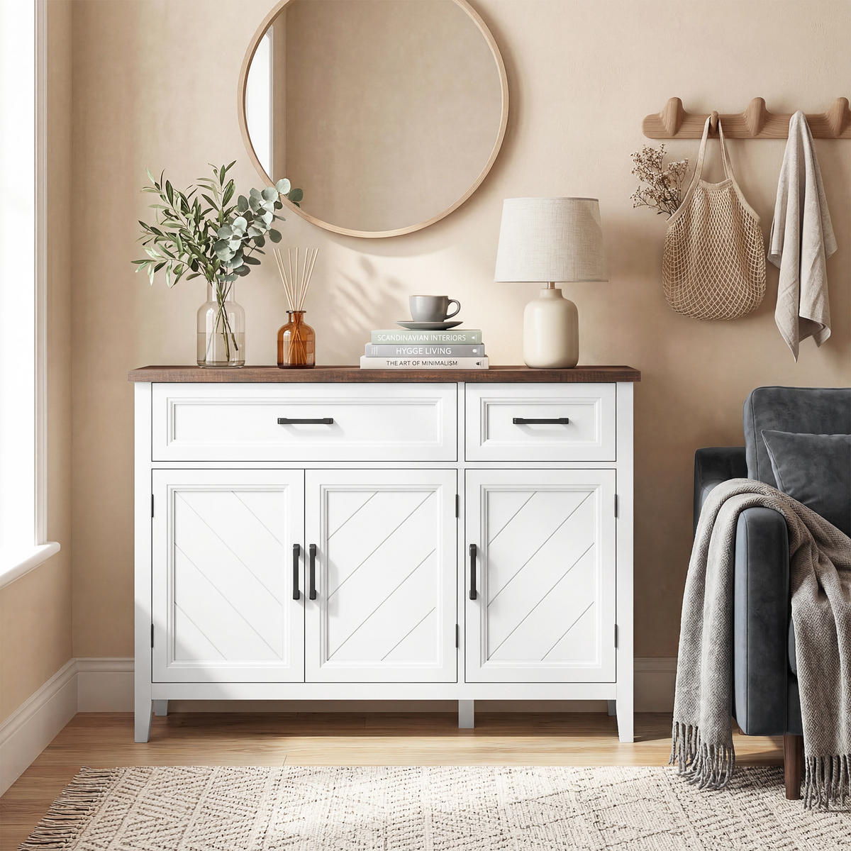SIDEBOARD Weiß/Braun, 3 Türen, 2 Schubladen, 110/35/80,5 cm - Weiß, Holz (110/80.5/35cm) - PANGIVO