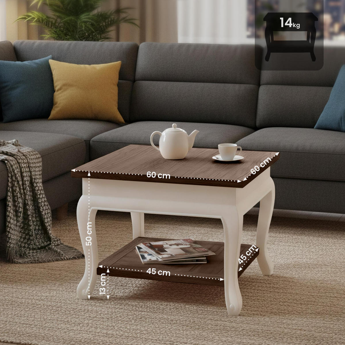 COUCHTISCH eckig 60/60/50 cm Holz Dunkelbraun - Dunkelbraun/Weiß, Holz (60/60/50cm) - CLP