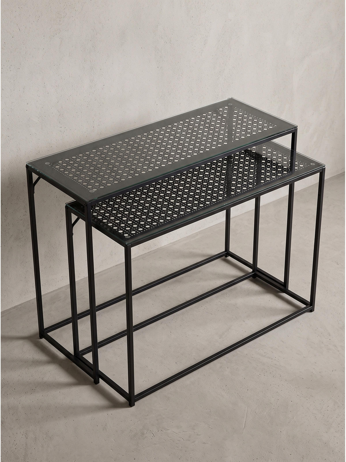 KONSOLENTISCHE 2er-Set ALCUDIA, Einscheibensicherheitsglas, Schwarz, 100 x 40 x 77 cm - Schwarz, Glas/Metall (40/100/77cm) - KADIMA DESIGN