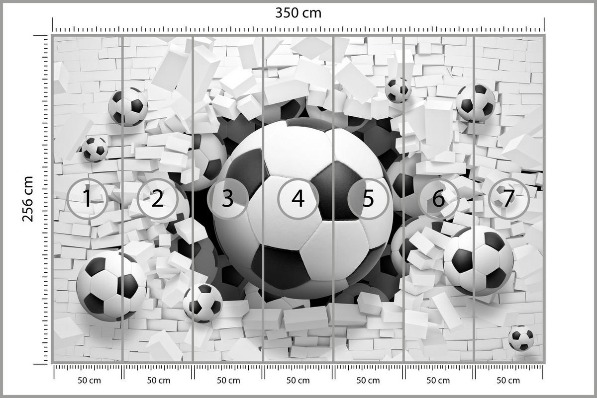 FOTOTAPETE für Jugendzimmer Fußbälle Weiße Ziegelwand Sport 350x256 - Schwarz/Weiß, Papier (350/256cm) - Muralo