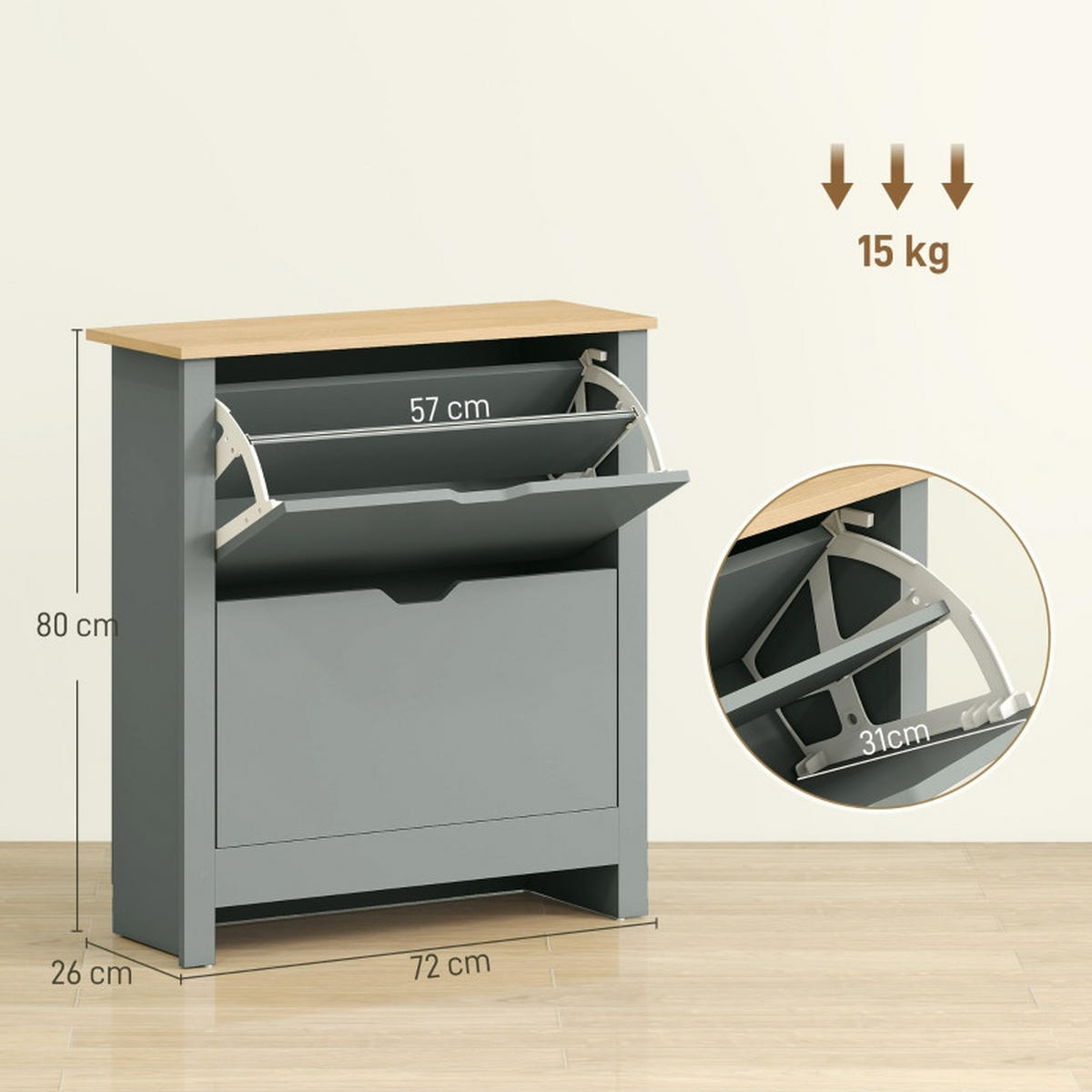 SCHUHKIPPER DE-37985 72/26/80 cm mit 2 Klappfächern Hellgrau - Hellgrau, Holzwerkstoff (72/80/26cm) - ComfortXL