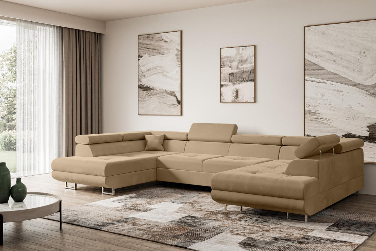 WOHNLANDSCHAFT mit Schlaffunktion und Bettkasten GUSA-U 342x202x107 cm Beige Velours - Beige/Silberfarben, Holzwerkstoff/Textil (342/107/202cm) - ALTDECOR