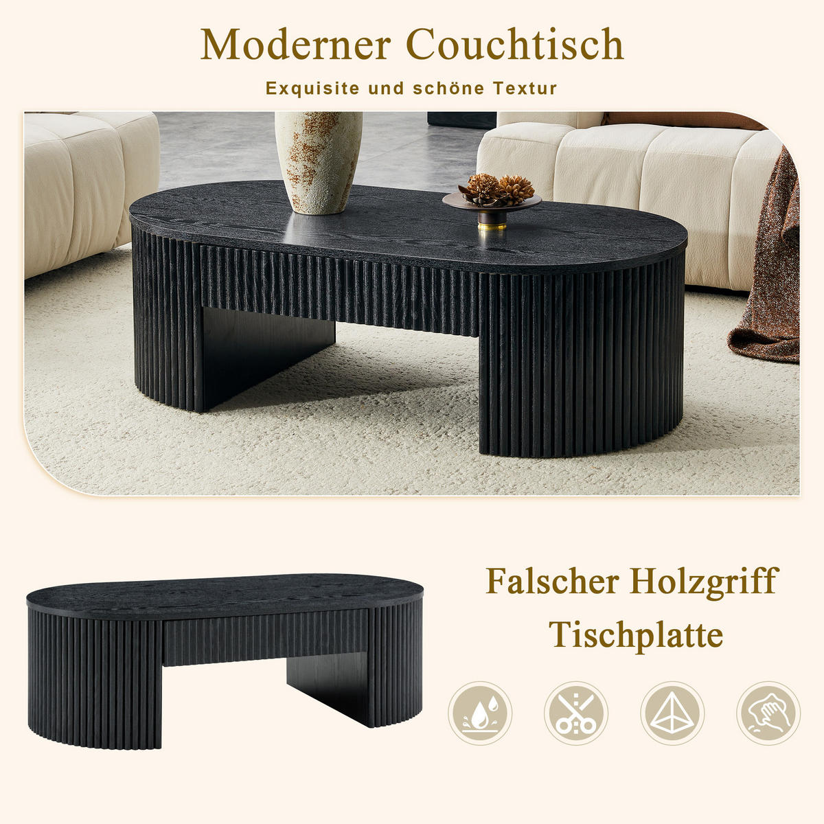 COUCHTISCH DE-37394 oval mit Rillenverkleidung und Schublade Schwarz - Schwarz, Holzwerkstoff (105/54/38cm) - ComfortXL