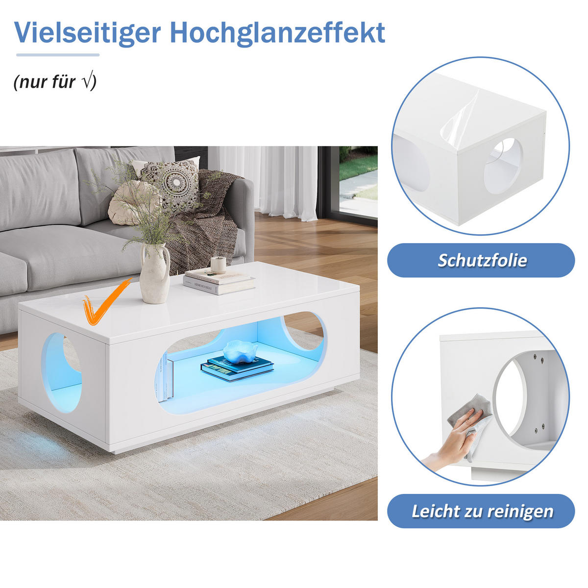 COUCHTISCH LED Weiß App-Steuerung 100x50x35cm MDF Stauraum - Weiß, Holzwerkstoff (100/50/35cm) - FLIEKS