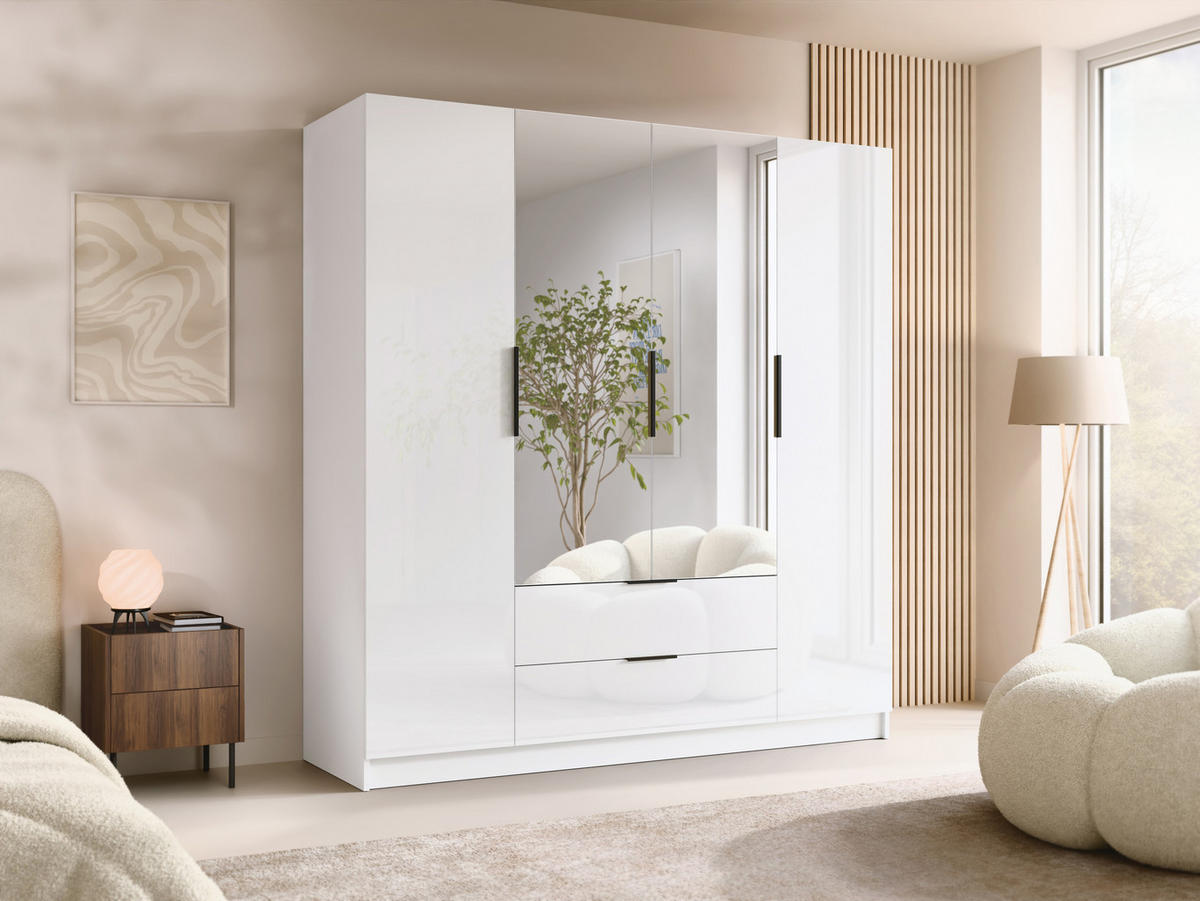 KLEIDERSCHRANK Sofia II Gloss - Weiß Hochglanz/Schwarz, Holzwerkstoff/Kunststoff (200/216/60cm) - MIRJAN24