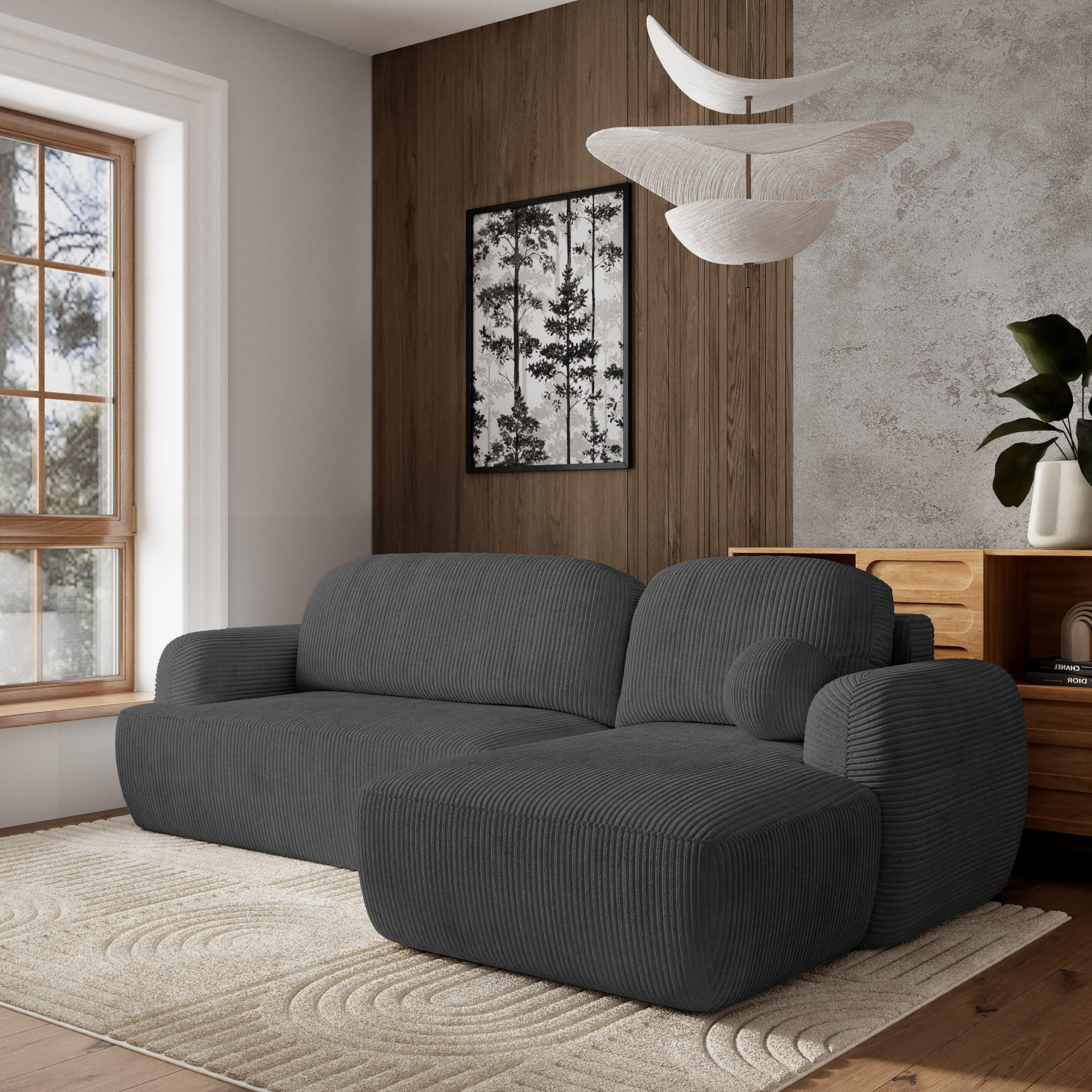ECKSOFA MODENZA P R-S Graphitfarben Kordstoff mit Schlaffunktion - Graphitfarben, Holz (266/148cm) - MASSENO
