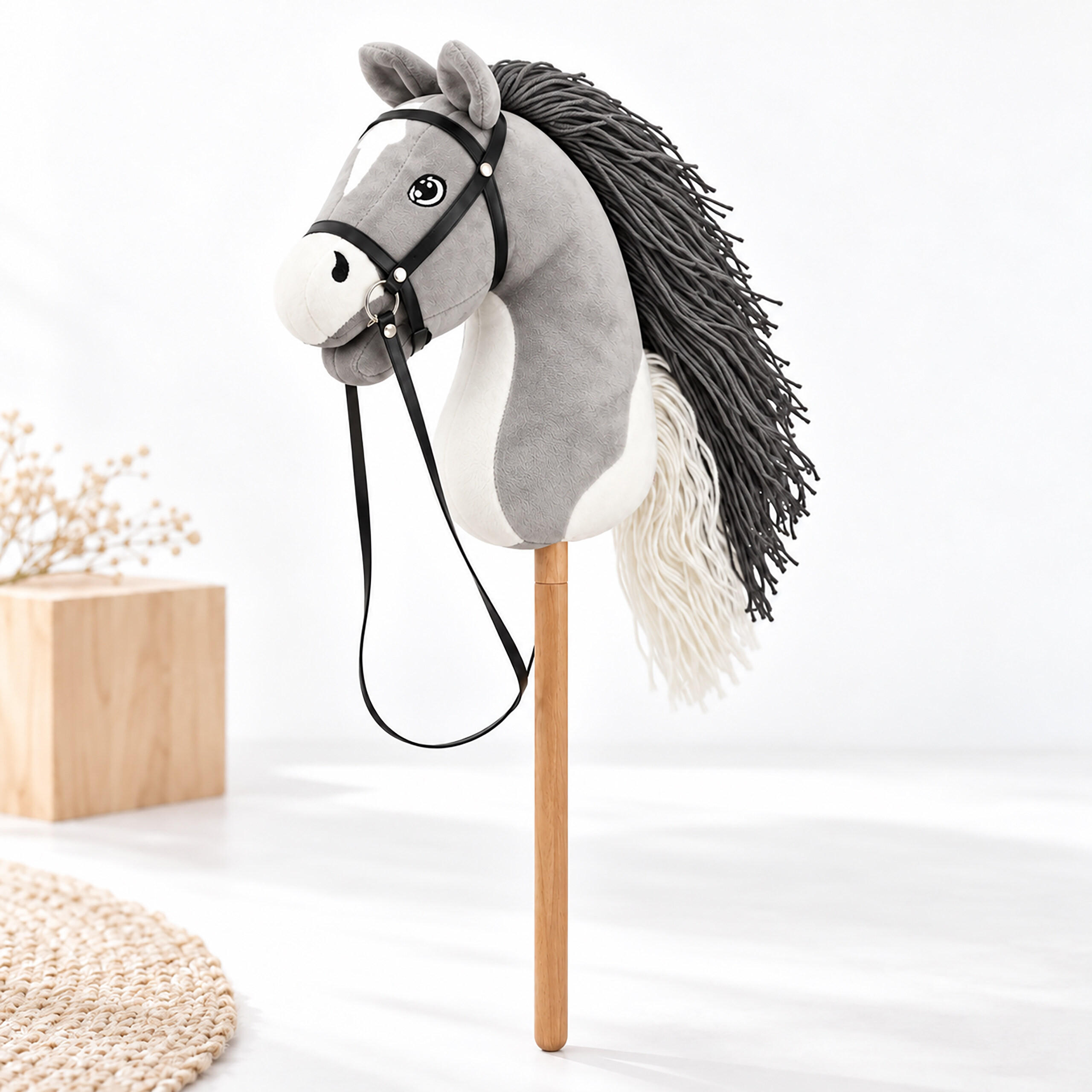 STECKENPFERD Grau Plüsch 71 cm abnehmbarer Buchenholzstab - Grau, Holz/Textil (12/71/29cm) - Relaxdays