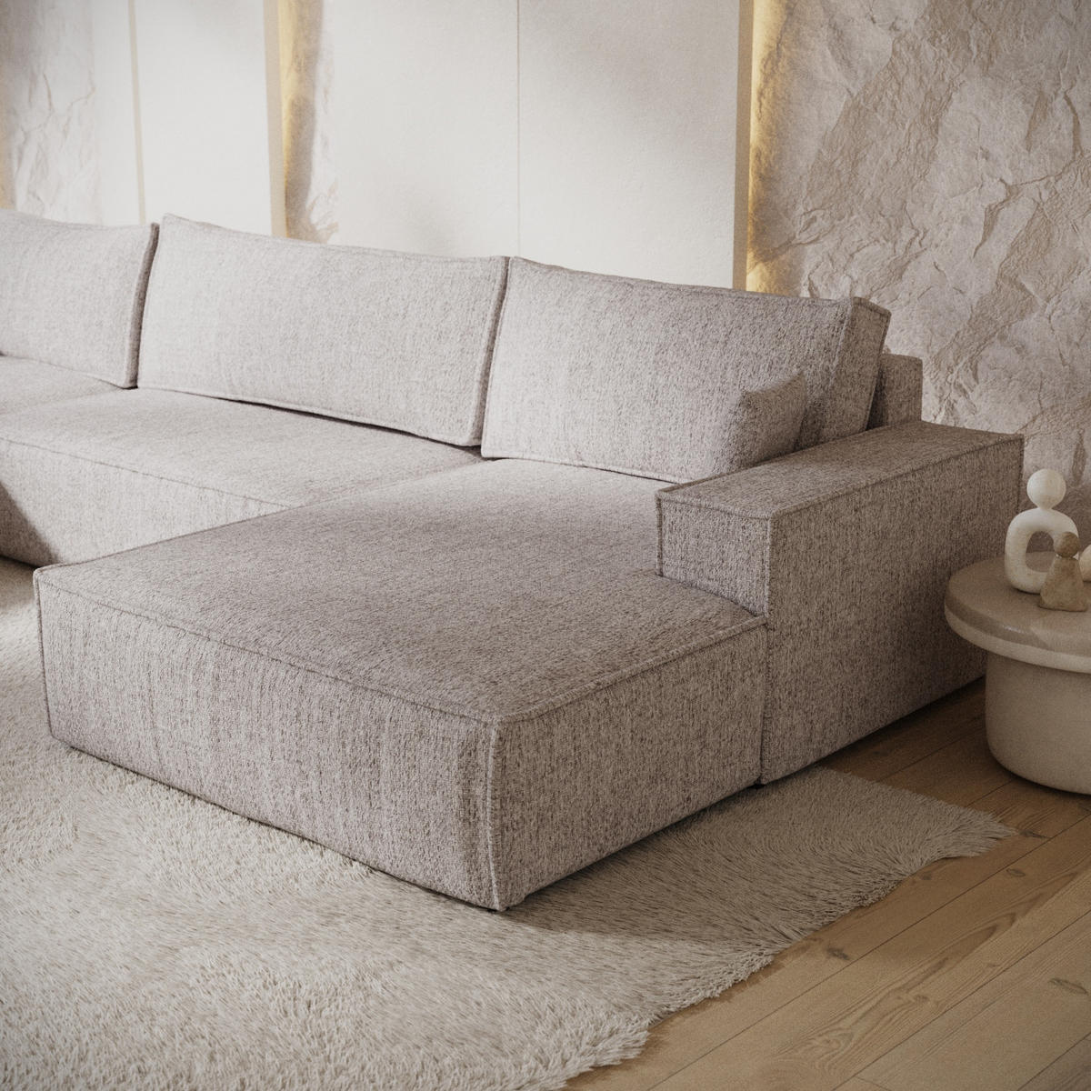 WOHNLANDSCHAFT NUBO mit Schlaffunktion Creme im Neve Stoff - Beige/Schwarz, Holz/Holzwerkstoff (398/70/148cm) - AltaBeds