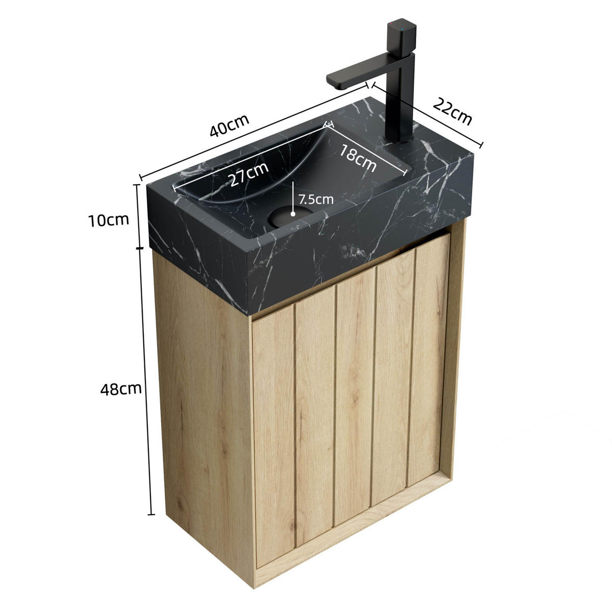 WASCHTISCH mit Marmorbecken kompakte Größe Marmor White Oak - Schwarz, Holzwerkstoff (22/58/40cm) - Beauniv