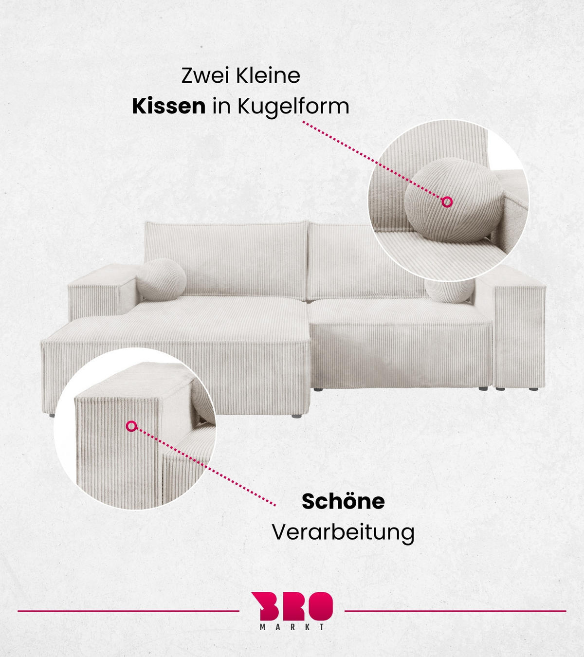 ECKSOFA Pablo Mini mit Schlaffunktion Weiß Cord - Weiß, Textil (255/148cm) - Bromarkt