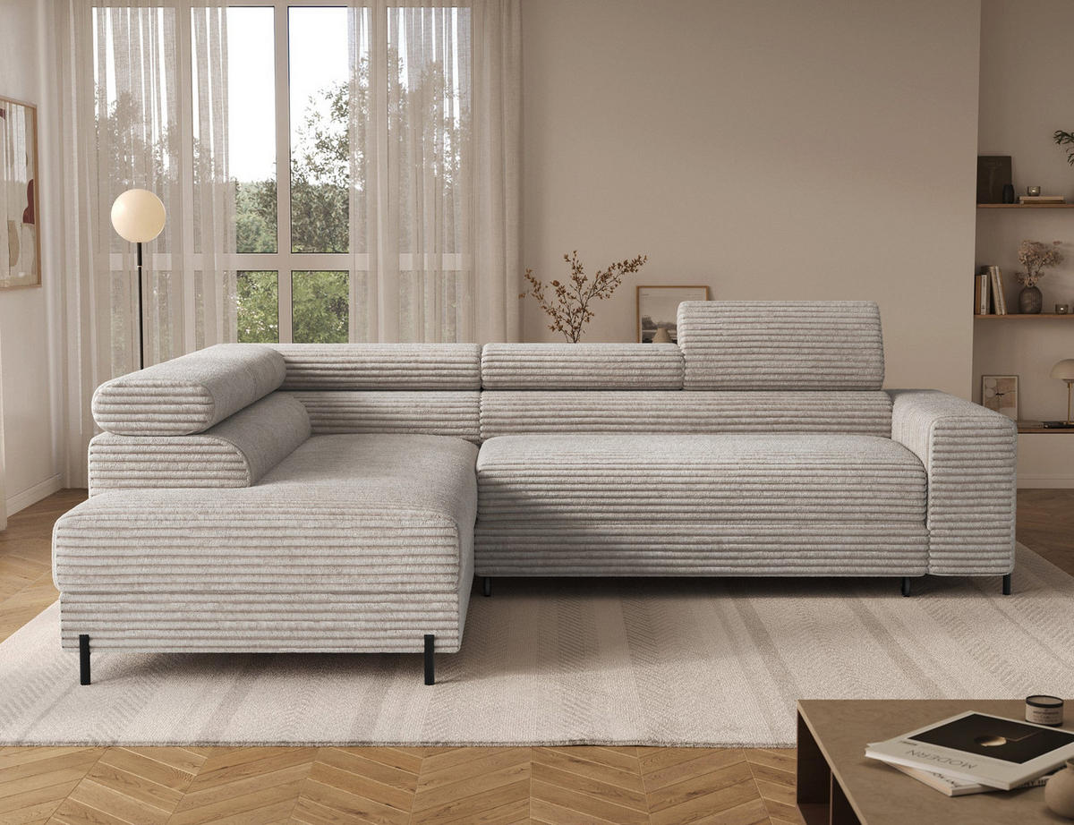 ECKSOFA COLESIO L-Form, Schlaffunktion, Bettkasten, verstellbare Kopfstützen, Wellenfederung, Metallfüße, breiter Cordstoff - Schwarz/Weiß, Kunststoff/Metall (269/204cm) - Wohnideebilder