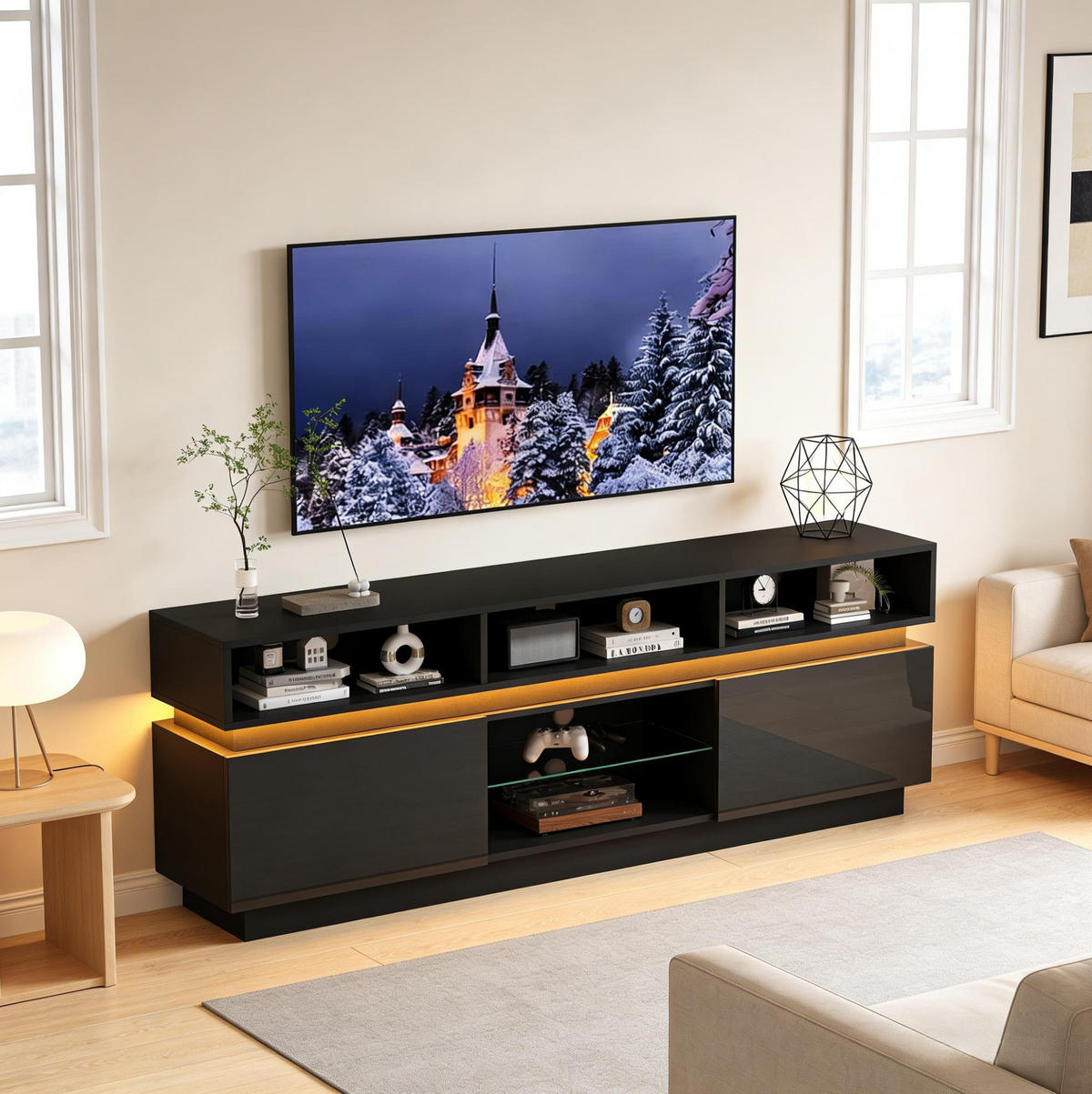 TV-ELEMENT mit LED 160 x 35 x 60 cm MDF Schwarz - Schwarz, Holzwerkstoff (35/60/160cm) - Beauniv