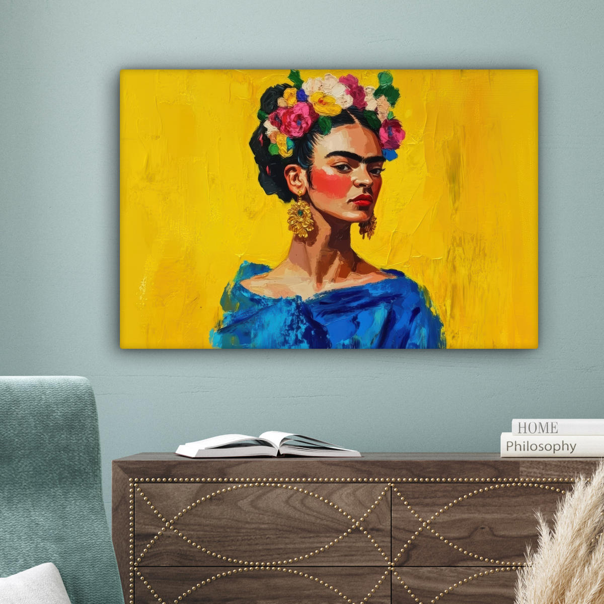 LEINWANDBILD Frida Kahlo - Frau - Gelb - Blau - Blumen Gemälde 60x40 cm - Gelb, Textil (60/40cm) - MuchoWow