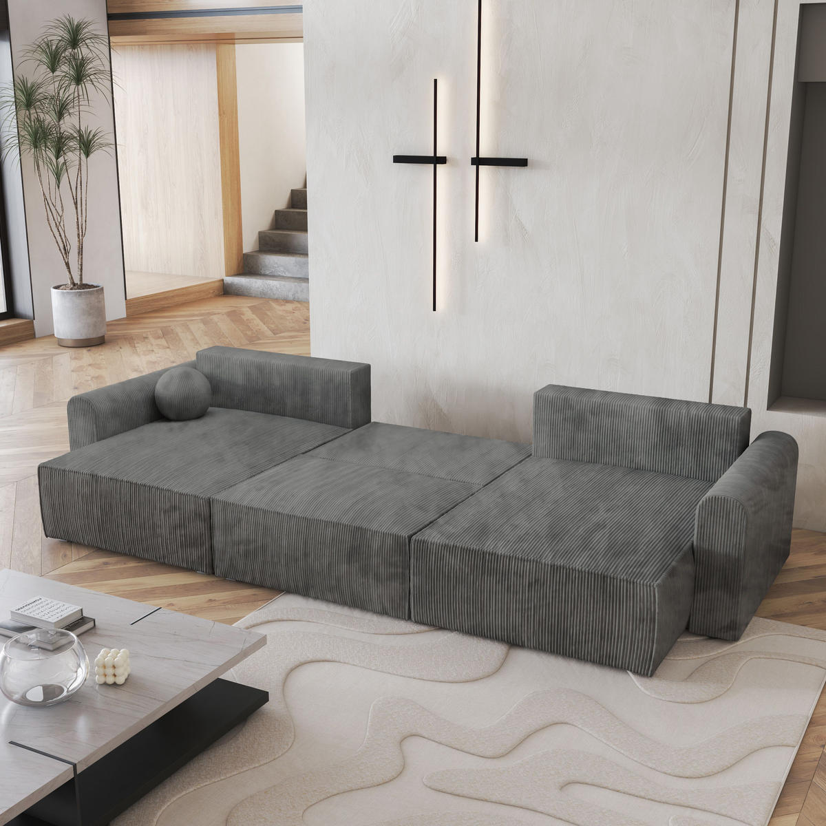 WOHNLANDSCHAFT FENTO P Grau Kordstoff mit Schlaffunktion - Grau, Holz (347/90/148cm) - MASSENO