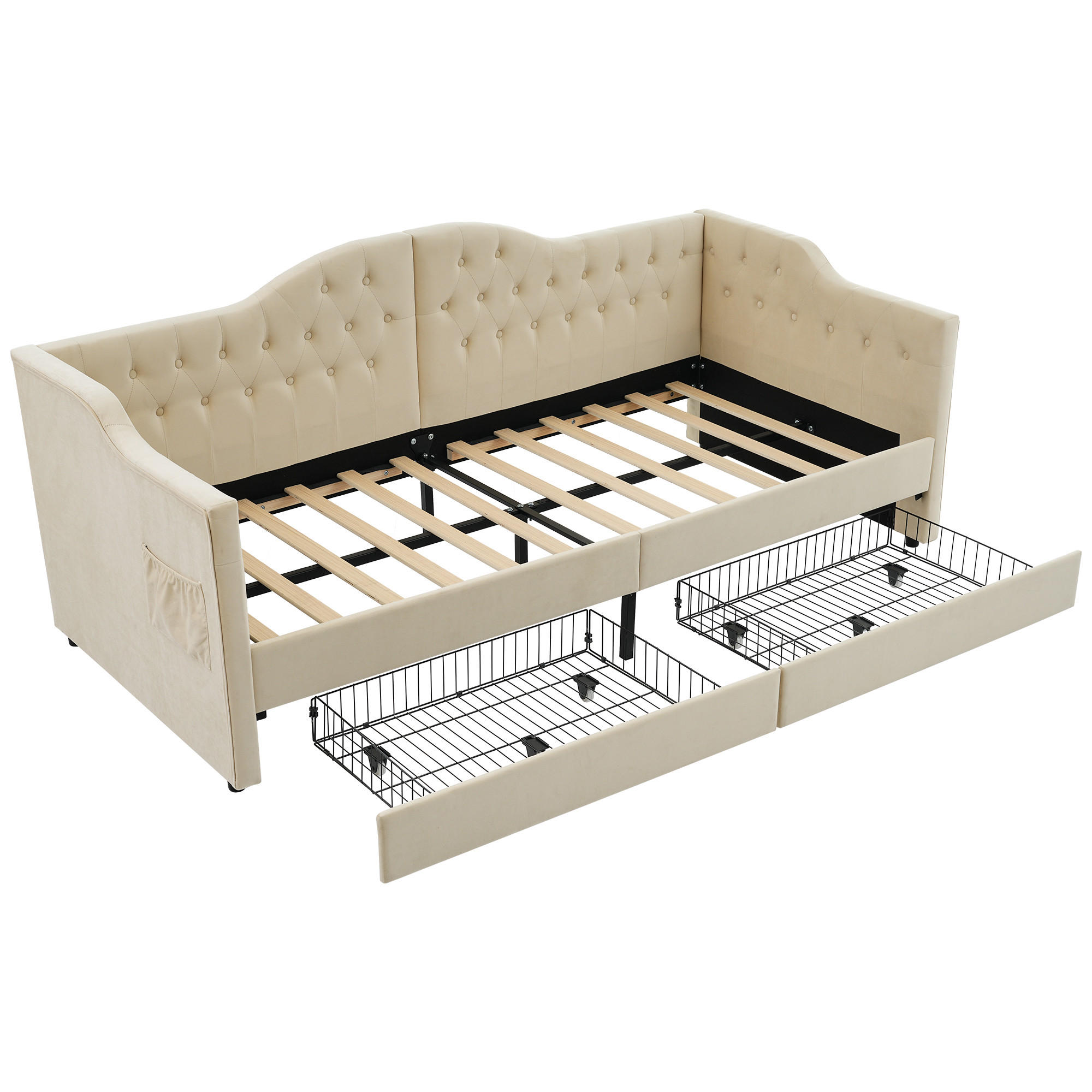 TAGESBETT 90/200 cm DE-00606, in Beige, USB-Anschluss und 2 Schubladen - Beige, Metall (90/200cm) - ComfortXL