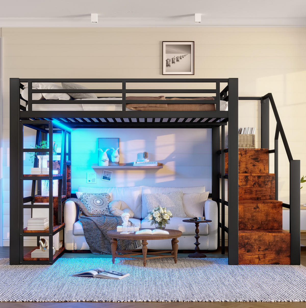 HOCHBETT 140/200 cm Schwarz aus Metall und MDF mit LED-Lichtleiste - Schwarz, Holzwerkstoff (140/200cm) - OKMYHOME