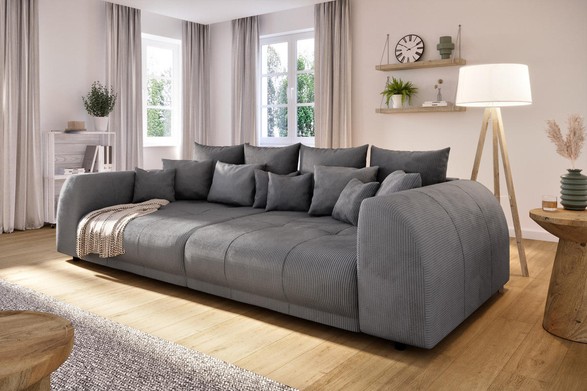 BIGSOFA Levana 5 Sitzer Grau Cord-Stoff - Schwarz/Grau, Holz/Kunststoff (310/86/135cm) - S-Style Möbel