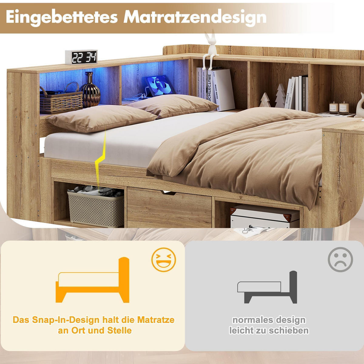 TAGESBETT 90x200 cm mit Regale&Schubladen in Naturfarbe - Naturfarben, Holz (90/200cm) - KOMHTOM