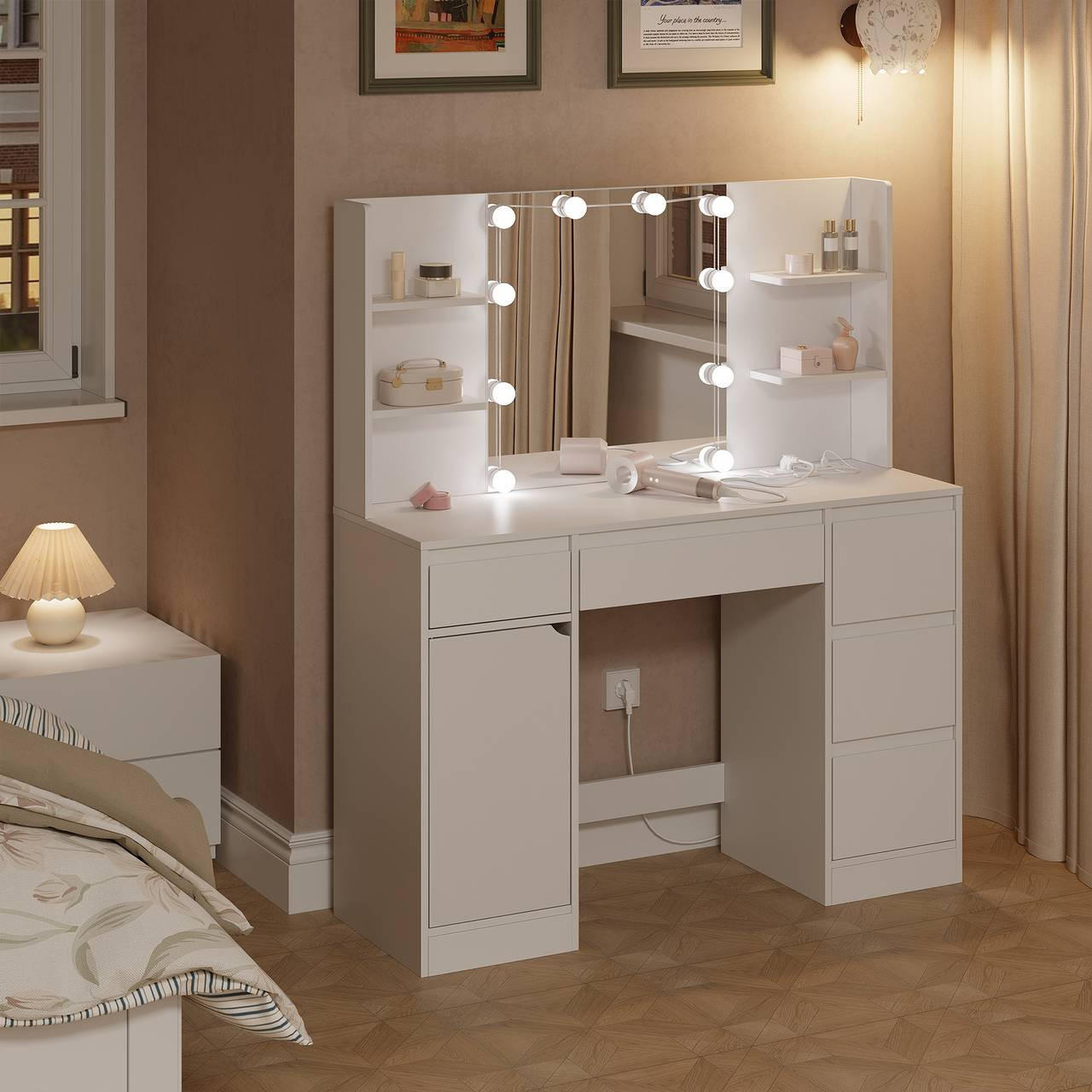 Thumbnail - Woltu Schminktisch, Weiß, Holzwerkstoff, 4 Fächer, 5 Schubladen, Rechteckig,Rechteckig, 110x140x40 cm, Schlafzimmer, Sch...