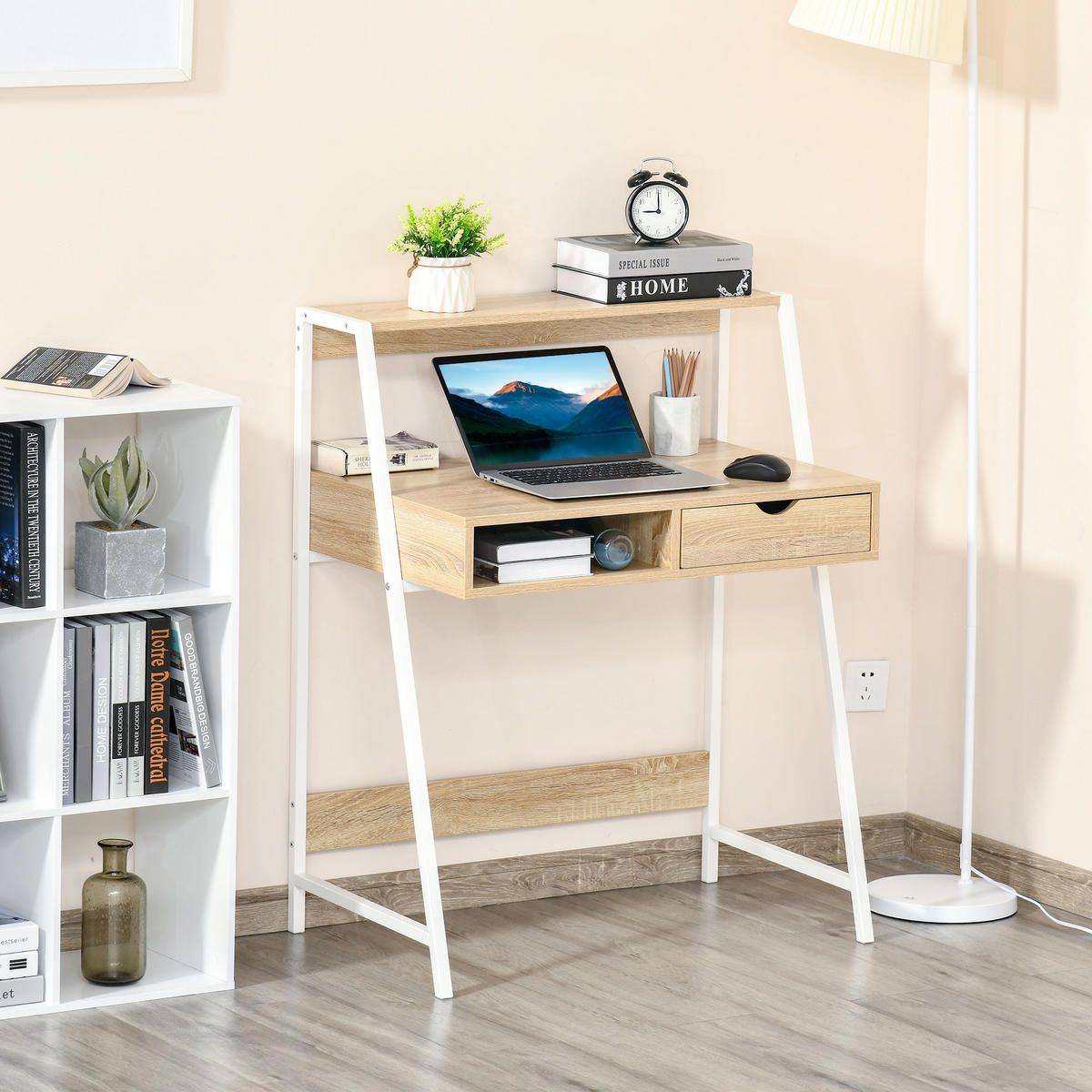 SEKRETÄR SCHREIBTISCH Weiß und Eichefarben mit Schublade und Ablage 80/50/100 cm - Naturfarben, Holzwerkstoff (50/80/100cm) - PANGIVO