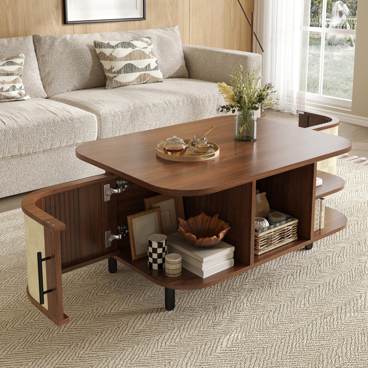 COUCHTISCH DE-37082 geschwungene Form mit Geflechtstruktur Nussbaum - Walnussfarben, Holzwerkstoff (80/60/47cm) - ComfortXL
