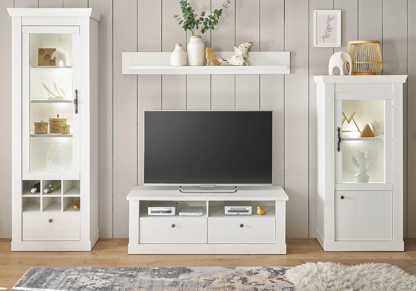 WOHNWAND weiß Pinie Landhaus, Wohnkombination 4-teilig, Soft-Close-Funktion - Weiß, Holzwerkstoff/Kunststoff (299/201/45cm) - Furn.Design
