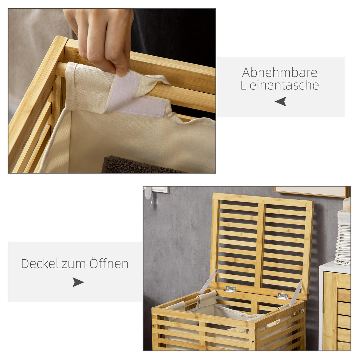 WÄSCHEKORB Bambus Polyester Naturholz - Naturfarben, Holzwerkstoff (37/62.5/44cm) - HOMCOM