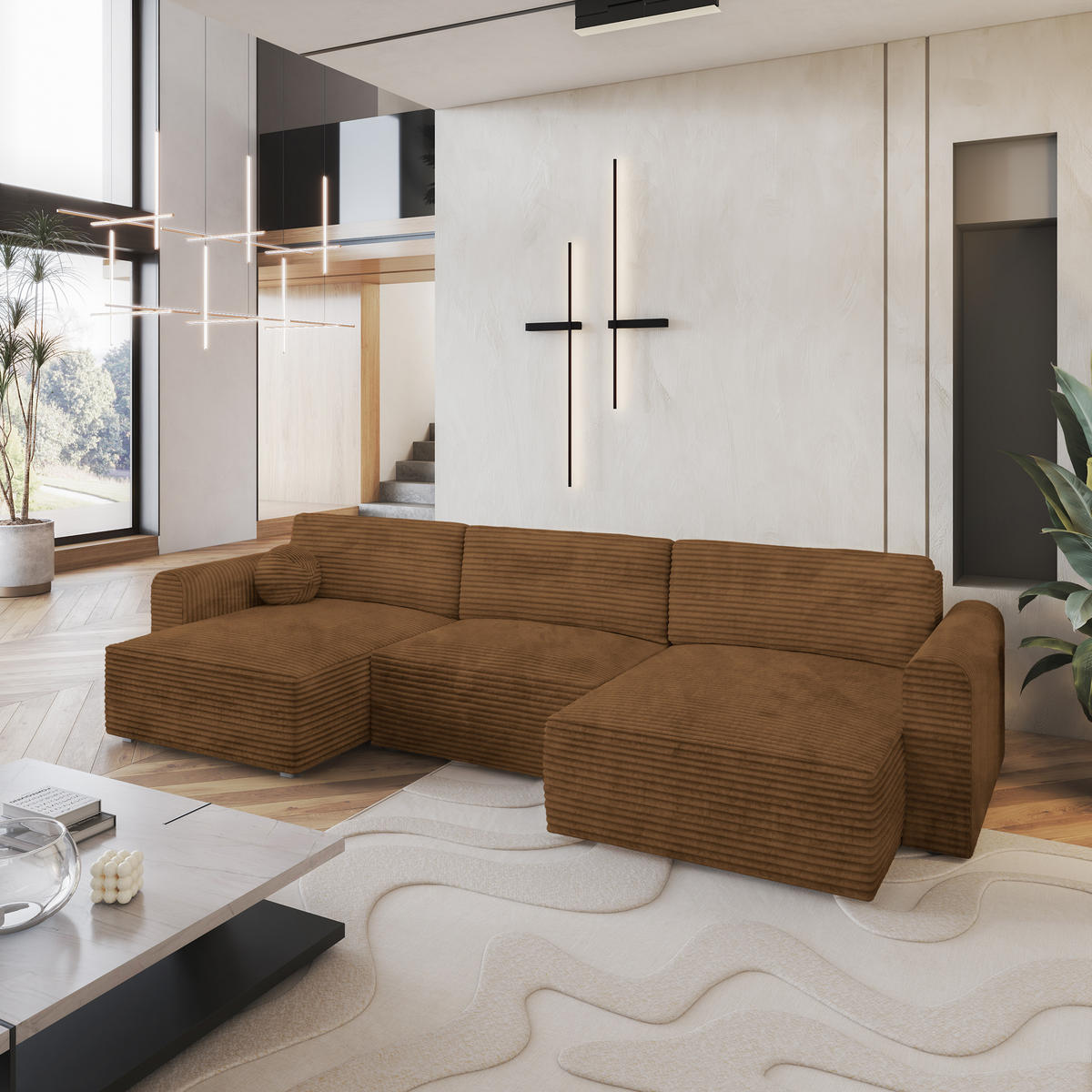 WOHNLANDSCHAFT FENTO Kupferfarben Kordstoff mit Schlaffunktion - Kupferfarben, Holz (347/90/148cm) - MASSENO