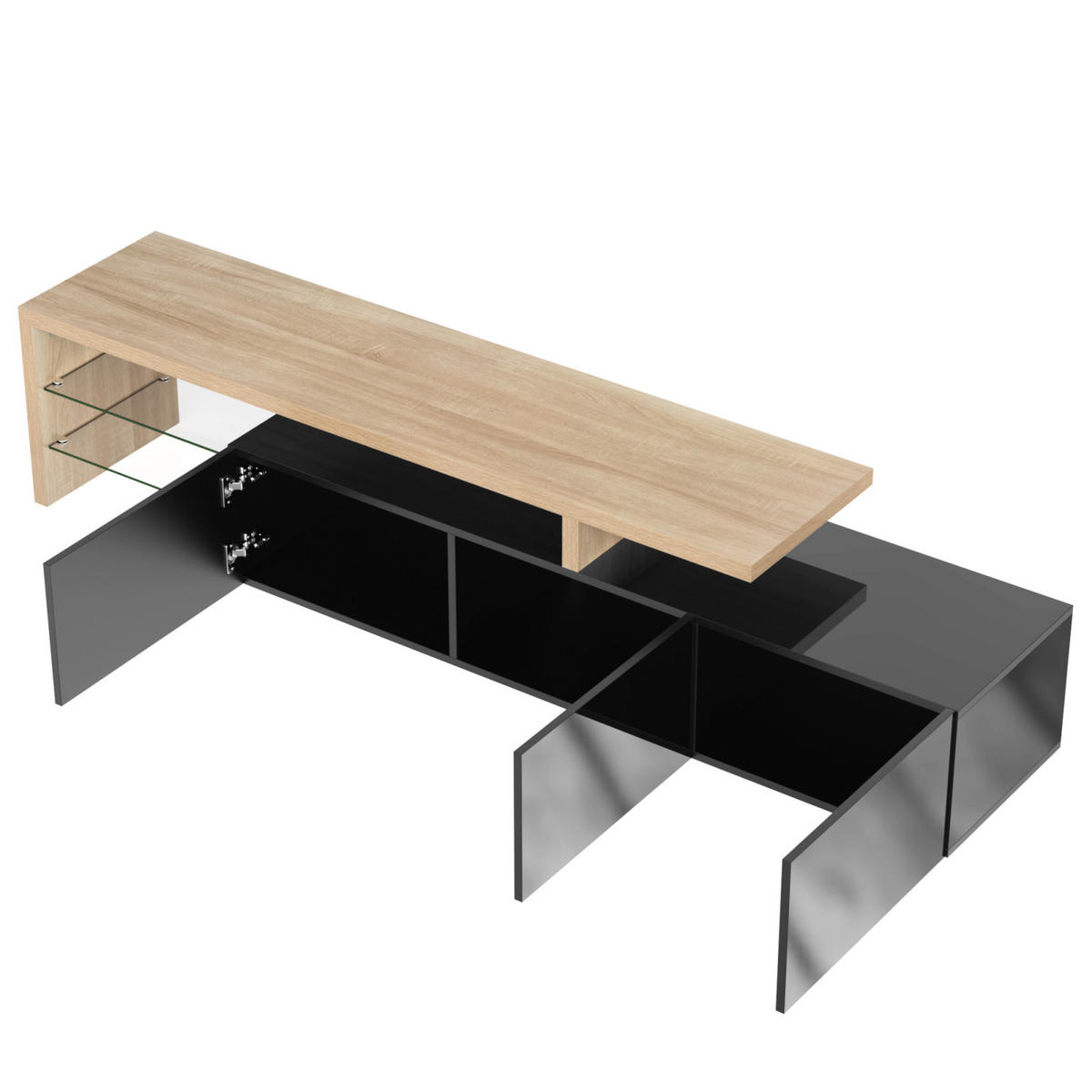 TV Lowboard LED, 7 Farben, 3 Türen, Glasregale, Schwarz - Schwarz, Holz (197/42/39cm)