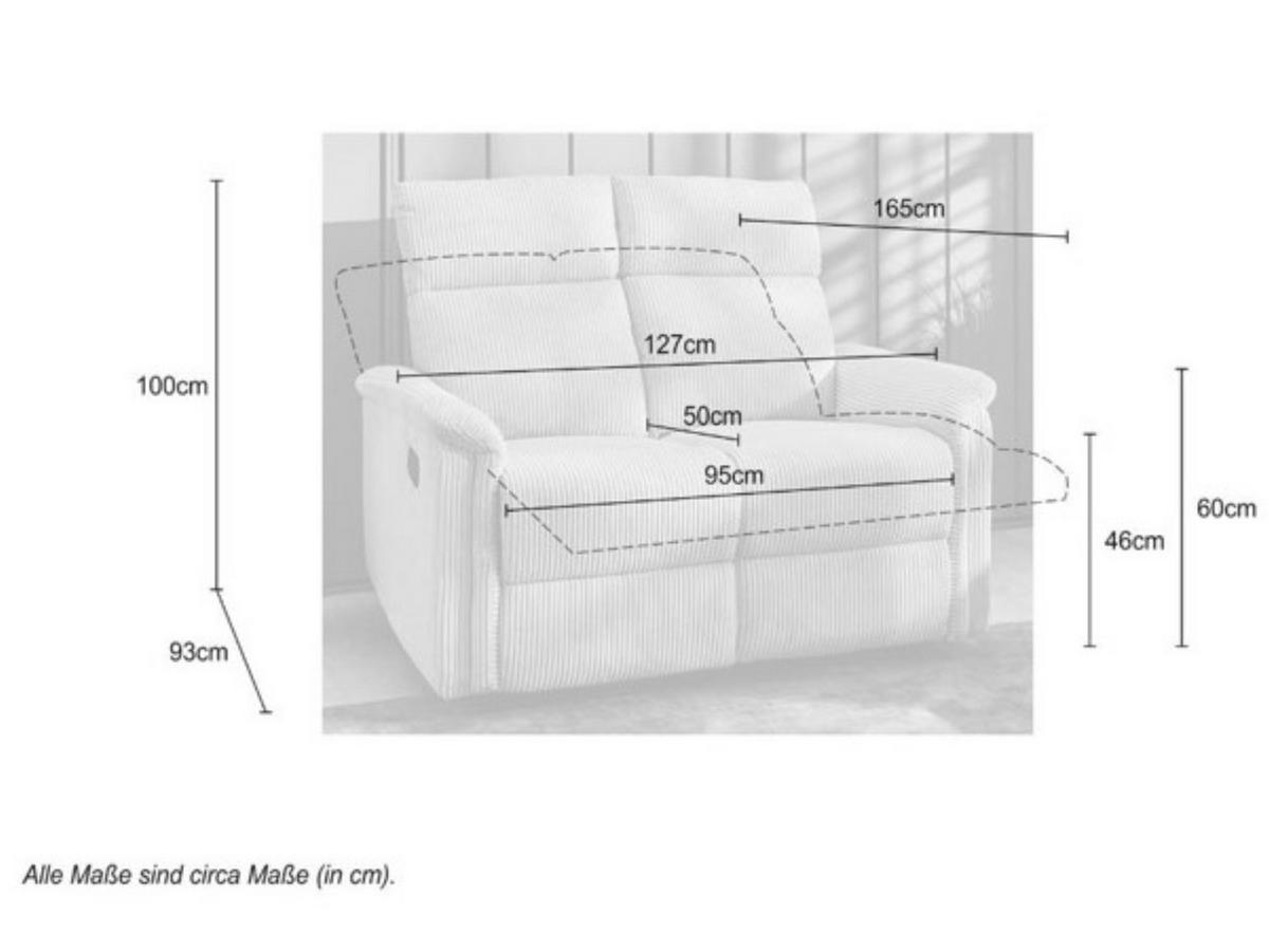 2-SITZER-RELAXSOFA Federkern, Liegefunktion verstellbar durch halbautomatische Relaxfunktion B127/T93/H100 cm, Cord Beige / 15505 - Beige/Schwarz, Textil (127/100/93cm) - luma-home